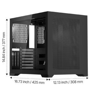 mid tower pc case, dual chamber, gaming computer case with tempered glass panels, magnetic dust filter, cable management, for gpu up to 410 mm in length, compatible with atx/m atx/itx, no fan