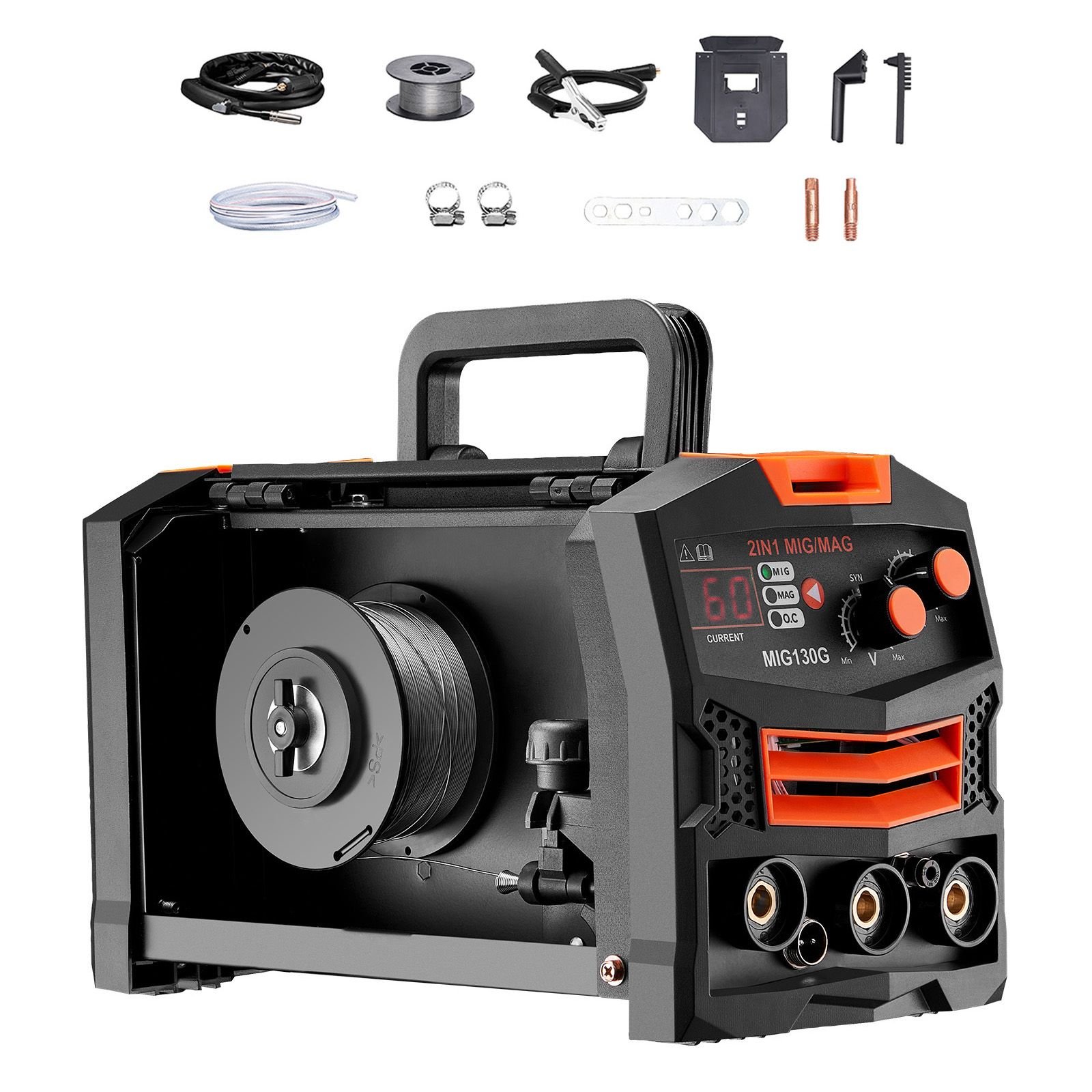 mig welder, 130a synergic mig welding machine, 2 in 1 gas mig/gasless flux core mig multi process welder machine, 110v portable mig welder with igbt inverter technology & digital display screen