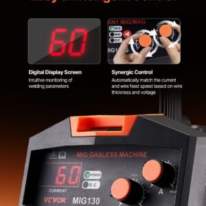 mig welder, 130amp synergic mig welding machine, 110v gasless flux core welder machine, portable mig welder with igbt inverter technology and digital display screen