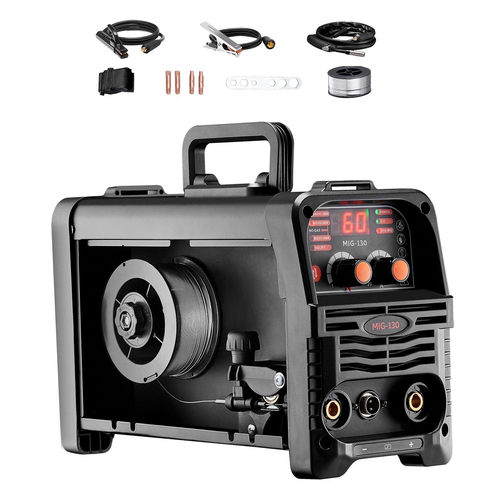mig welder, 130amp synergic mig welding machine, 3 in 1 flux core mig/stick/lift tig multi process welder machine, 110v portable mig welder with igbt inverter technology & digital display screen