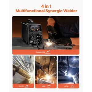 mig welder, 200a synergic mig welding machine, 4 in 1 gas mig/flux core mig/stick/lift tig multi process welder machine, 110v/220v dual voltage mig welder with igbt inverter & lcd screen display