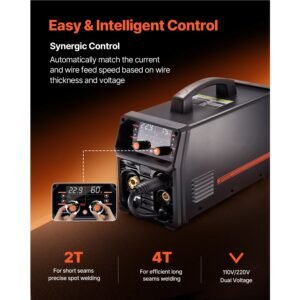 mig welder, 200a synergic mig welding machine, 4 in 1 gas mig/flux core mig/stick/lift tig multi process welder machine, 110v/220v dual voltage mig welder with igbt inverter & lcd screen display