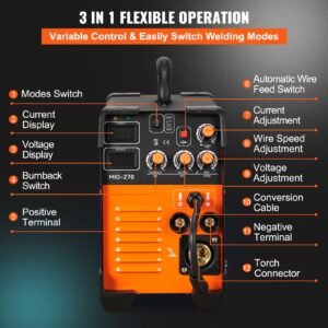 mig welder, 3 in 1 welder welding machine, 270 amp mig lift tig arc welder 110v 220v lift tig welder lift arc welder digital display combo welding machine mma stick igbt dc inverter welder