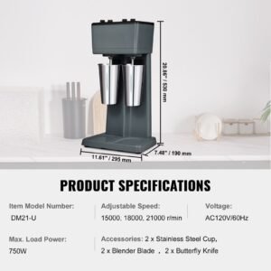 milkshake maker, 375w x 2 electric milkshake machine, double heads drink mixer blender machine, 3 speed milkshake mixer with 2 x 820 ml stainless steel cups, for commercial and home