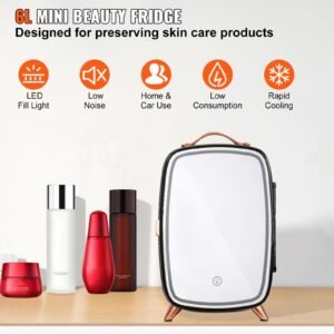 mini fridge, 6l skincare fridge with led light and hd mirror, ac/dc makeup fridges for skin care, cosmetic storage, chill face mask drink, small refrigerator for bedroom dorm desktop, black
