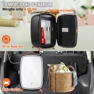 mini fridge, 6l skincare fridge with led light and hd mirror, ac/dc makeup fridges for skin care, cosmetic storage, chill face mask drink, small refrigerator for bedroom dorm desktop, black