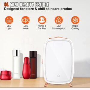 mini fridge for bedroom, 6l luxury skin care fridges with mirror and led light, ac/dc cosmetic fridge for office dorm car, small makeup refrigerator for beauty face mask beverage chill, white