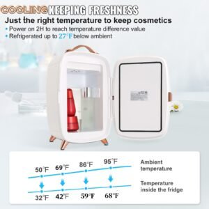 mini fridge for bedroom, 6l luxury skin care fridges with mirror and led light, ac/dc cosmetic fridge for office dorm car, small makeup refrigerator for beauty face mask beverage chill, white