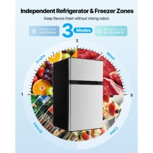 mini fridge with freezer, 3.2 cu.ft, two door compact refrigerator, adjustable temperature, shelf, energy efficient small fridge, reversible door, low noise, for bedroom, dorm, office, stainless