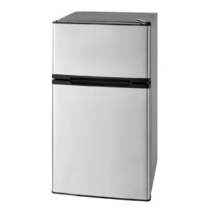 Mini Fridge with Freezer, 3.2 Cu.Ft, Two Door Compact Refrigerator, Adjustable Temperature, Shelf, Energy Efficient Small Fridge, Reversible Door, Low Noise, for Bedroom, Dorm, Office, Stainless