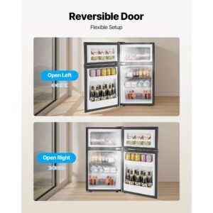 mini fridge with freezer, 3.2 cu.ft, two door compact refrigerator, adjustable temperature, shelf, energy efficient small fridge, reversible door, low noise, for bedroom, dorm, office, stainless