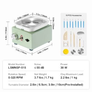 mini pottery wheel, 0 320rpm adjustable speed detachable basin forming machine, 2.56in/3.94in 2 turntables electric ceramic wheel machine, 18pcs accessories, for art craft work home diy, green