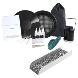 mini sluice box gold panning kit, 12inch aluminum alloy gold mining equipment, 16 pcs gold prospecting kit with gold pan, separating magnet, classifier screen, drawstring backpack and more