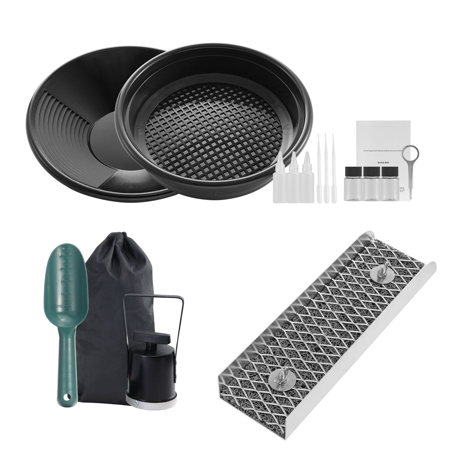 mini sluice box gold panning kit, 12inch aluminum alloy gold mining equipment, 16 pcs gold prospecting kit with gold pan, separating magnet, classifier screen, drawstring backpack and more