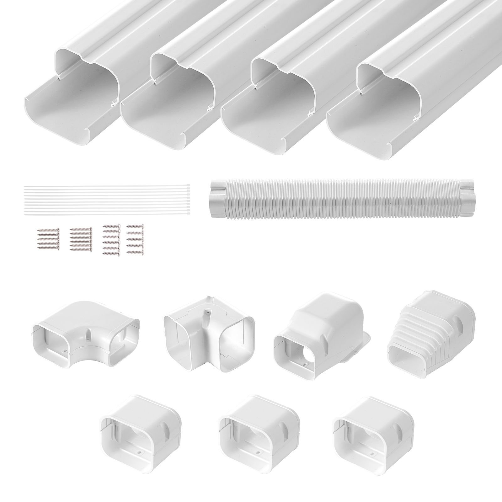 mini split line set cover 3 inch w 15.8ft l, pvc decorative pipe line cover for air conditioner with 4 straight ducts & full components easy to install, paintable for heat pumps, white