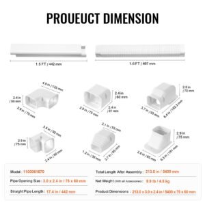 mini split line set cover 3 inch w 17.7ft l, pvc decorative pipe line cover for air conditioner with 10 straight ducts & full components easy to install, paintable for heat pumps, white