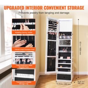 mirror jewelry cabinet, 360° swivel standing mirror with storage, lockable jewelry mirror organizer with full length mirror, velvet lining, led light, drawer, freestanding jewelry armoire, white