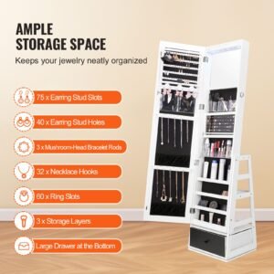 mirror jewelry cabinet, 360° swivel standing mirror with storage, lockable jewelry mirror organizer with full length mirror, velvet lining, led light, drawer, freestanding jewelry armoire, white