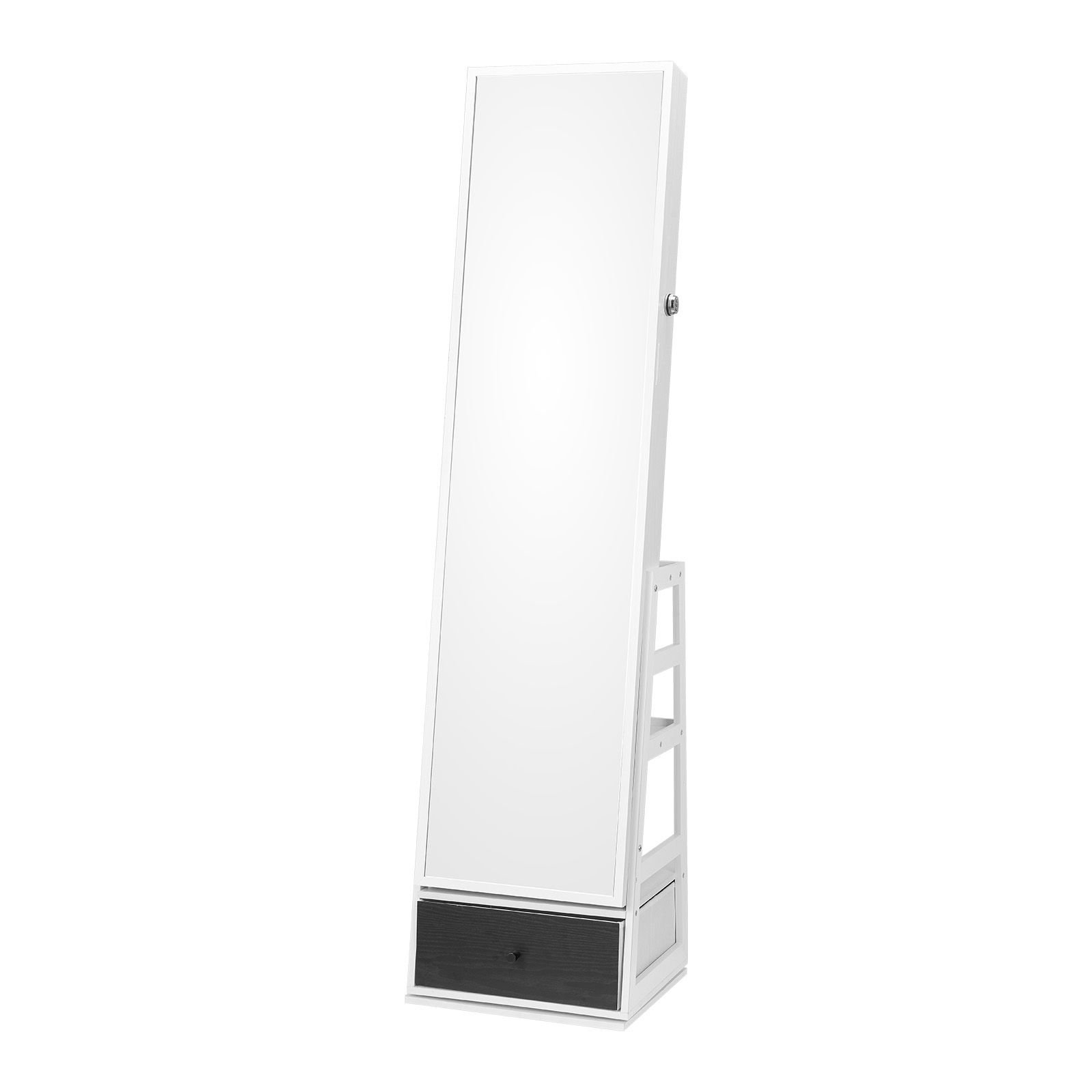 mirror jewelry cabinet, 360° swivel standing mirror with storage, lockable jewelry mirror organizer with full length mirror, velvet lining, led light, drawer, freestanding jewelry armoire, white