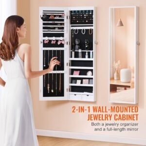 mirror jewelry cabinet, 47.05 inch tall lockable jewelry cabinet armoire with full length mirror, wall or door mounted jewelry mirror organizer with led interior lights and velvet lining, white