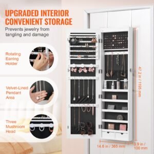 mirror jewelry cabinet, 47.05 inch tall lockable jewelry cabinet armoire with full length mirror, wall or door mounted jewelry mirror organizer with led interior lights and velvet lining, white