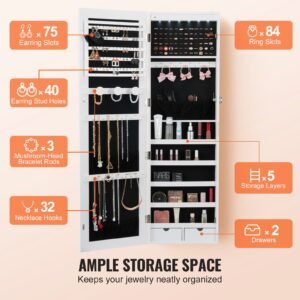 mirror jewelry cabinet, 47.05 inch tall lockable jewelry cabinet armoire with full length mirror, wall or door mounted jewelry mirror organizer with led interior lights and velvet lining, white