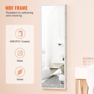 mirror jewelry cabinet, 47.05 inch tall lockable jewelry cabinet armoire with full length mirror, wall or door mounted jewelry mirror organizer with led interior lights and velvet lining, white