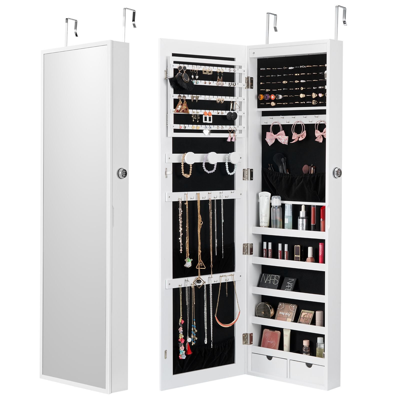 mirror jewelry cabinet, 47.05 inch tall lockable jewelry cabinet armoire with full length mirror, wall or door mounted jewelry mirror organizer with led interior lights and velvet lining, white