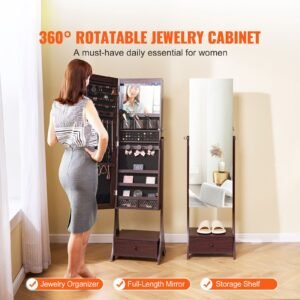 mirror jewelry cabinet, standing mirror with storage, lockable jewelry mirror organizer with full length mirror, velvet lining, interior led light, drawer, freestanding jewelry armoire, brown