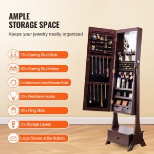 mirror jewelry cabinet, standing mirror with storage, lockable jewelry mirror organizer with full length mirror, velvet lining, interior led light, drawer, freestanding jewelry armoire, brown