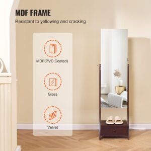 mirror jewelry cabinet, standing mirror with storage, lockable jewelry mirror organizer with full length mirror, velvet lining, interior led light, drawer, freestanding jewelry armoire, brown