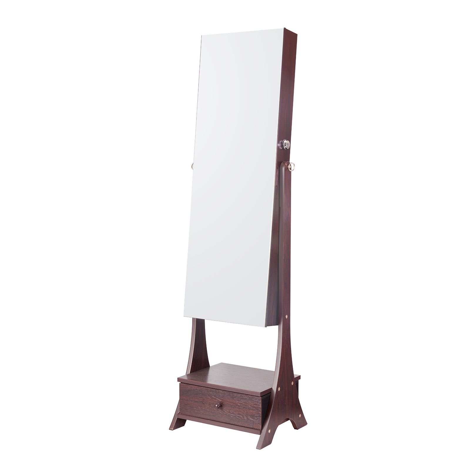 mirror jewelry cabinet, standing mirror with storage, lockable jewelry mirror organizer with full length mirror, velvet lining, interior led light, drawer, freestanding jewelry armoire, brown
