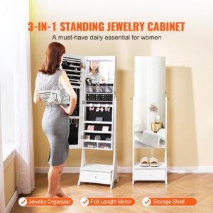 mirror jewelry cabinet, standing mirror with storage, lockable jewelry mirror organizer with full length mirror, velvet lining, interior led light, drawer, freestanding jewelry armoire, white