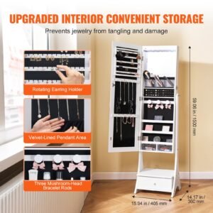 mirror jewelry cabinet, standing mirror with storage, lockable jewelry mirror organizer with full length mirror, velvet lining, interior led light, drawer, freestanding jewelry armoire, white
