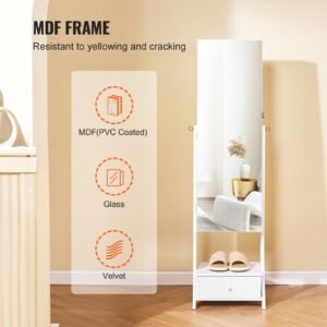 mirror jewelry cabinet, standing mirror with storage, lockable jewelry mirror organizer with full length mirror, velvet lining, interior led light, drawer, freestanding jewelry armoire, white
