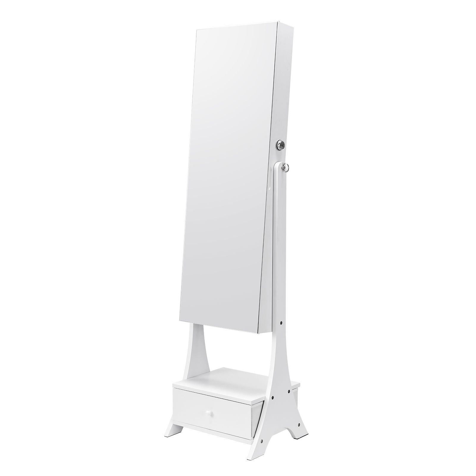 mirror jewelry cabinet, standing mirror with storage, lockable jewelry mirror organizer with full length mirror, velvet lining, interior led light, drawer, freestanding jewelry armoire, white