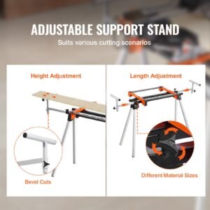 miter saw stand, 300lbs load capacity steel collapsible stand for miter saw with one piece mounting brackets clamps, adjustable height and length, portable compact and folding miter saw stand