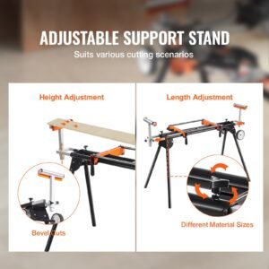 miter saw stand, 550lbs load capacity steel collapsible stand for miter saw with one piece mounting brackets clamps, adjustable height and length, portable compact and folding miter saw stand