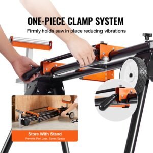 miter saw stand, 550lbs load capacity steel collapsible stand for miter saw with one piece mounting brackets clamps, adjustable height and length, portable compact and folding miter saw stand