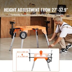 miter saw stand with tabletop and wheels, 330lbs load capacity steel collapsible rolling stand for miter saw, adjustable height and length, portable compact and folding miter saw stand