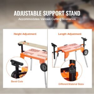 miter saw stand with tabletop and wheels, 330lbs load capacity steel collapsible rolling stand for miter saw, adjustable height and length, portable compact and folding miter saw stand