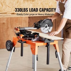 miter saw stand with tabletop and wheels, 330lbs load capacity steel collapsible rolling stand for miter saw, adjustable height and length, portable compact and folding miter saw stand