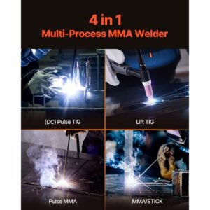 mma welder, 140a 4 in 1 welding machine mma (stick)/dc pulse mma/dc pulse tig/lift tig, 110 & 220v dual voltage electric welder with led display, synergic control, igbt inverter hot start