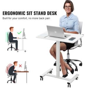 mobile standing desk, 28" 44" gas spring height adjustable sit stand desk, 4 360° swivel wheels (2 lockable) portable rolling laptop table computer cart for home office school, 40lbs loading