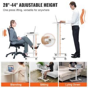 mobile standing desk, 28" 44" gas spring height adjustable sit stand desk, 4 360° swivel wheels (2 lockable) portable rolling laptop table computer cart for home office school, 40lbs loading
