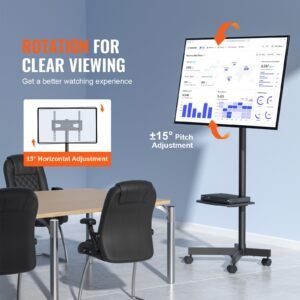 mobile tv stand, mobile tv cart for 23 to 60 inch tvs, height adjustable portable tv stand with wheels, with a tray for audio visual devices, rolling tv stand with mount for bedroom, living room