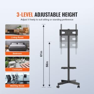 mobile tv stand, mobile tv cart for 23 to 60 inch tvs, height adjustable portable tv stand with wheels, with a tray for audio visual devices, rolling tv stand with mount for bedroom, living room