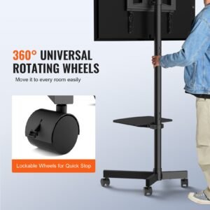 mobile tv stand, mobile tv cart for 23 to 60 inch tvs, height adjustable portable tv stand with wheels, with a tray for audio visual devices, rolling tv stand with mount for bedroom, living room