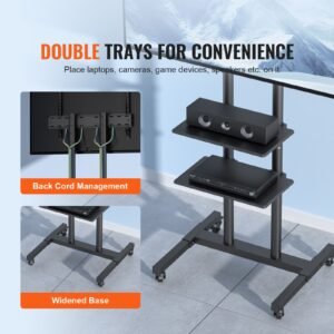 mobile tv stand, mobile tv cart for 32 to 70 inch tvs, height adjustable portable tv stand with wheels, double tray for audio visual devices, rolling tv stand with mount for bedroom, living room