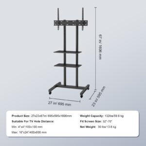 mobile tv stand, mobile tv cart for 32 to 70 inch tvs, height adjustable portable tv stand with wheels, double tray for audio visual devices, rolling tv stand with mount for bedroom, living room